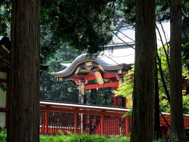 Điện thờ m&agrave;u đỏ nh&igrave;n từ b&ecirc;n rừng