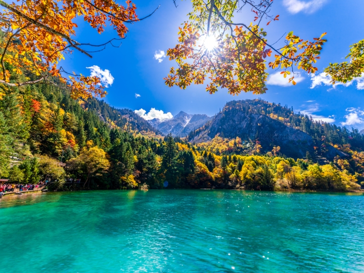 Hồ nước trong xanh tại Cửu Trại Câu bao quanh bởi rừng cây và núi non trùng điệp.