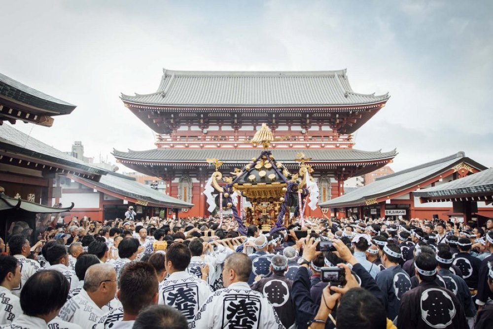 Đoàn rước kiệu mikoshi là hình ảnh đặc trưng của lễ hội Sanja Matsuri tại Asakusa.